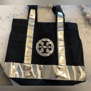 Tory Burch Silver and Black Metallic Tote